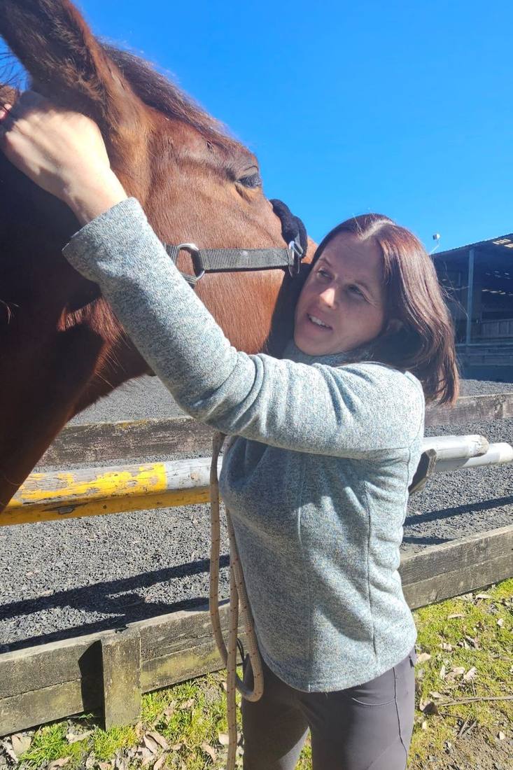 Adjusting a horse's neck in the yard